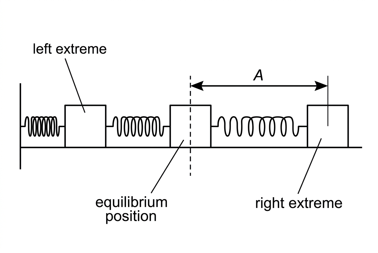 A horizontal spring attached to a fixed wall and to a block on a track. Three positions are indicated: left extreme, equilibrium, and right extreme. The equilibrium position is marked by a dashed vertical line through the block's central position. The amplitude is indicated from equilibrium to an extreme. No energy values are shown.