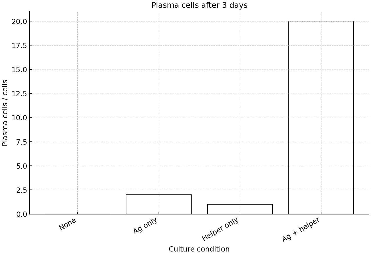 Bar chart of antibody-secreting plasma cells in four culture conditions after 3 days.