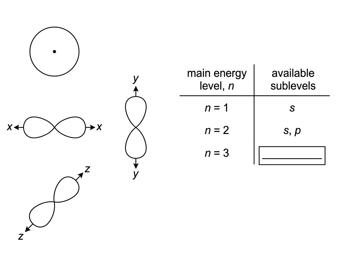 Annotated orbital diagrams showing one spherical orbital and three mutually perpendicular dumbbell-shaped orbitals labelled by orientation axes. Include a table linking main energy level values to available sublevel types, with one entry left for deduction.
