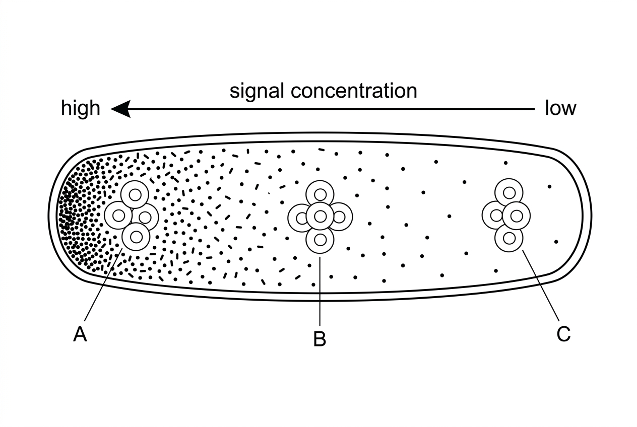 A simple longitudinal diagram of an early embryo with a shaded chemical gradient highest at one end and lowest at the opposite end. Three groups of cells are indicated at different positions along the gradient, with no labels revealing their eventual cell fate.