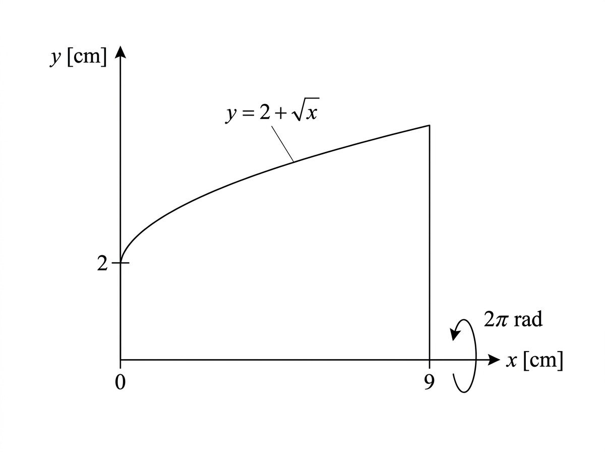 A labelled profile diagram showing the curve y equals 2 plus square root of x from x equals 0 to x equals 9, the region beneath it, and an arrow indicating rotation about the horizontal axis.