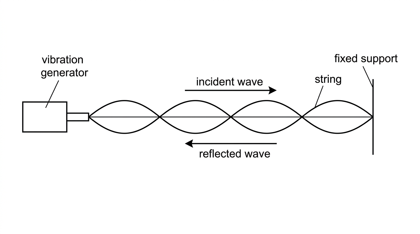 A horizontal string attached to a vibration generator at the left and a fixed support at the right. The string is shown with a standing-wave pattern having several loops, with fixed positions along the string where the displacement remains zero and maximum-displacement positions midway between them. Labels should identify the generator, fixed support, string, and direction of the two travelling waves along the string.