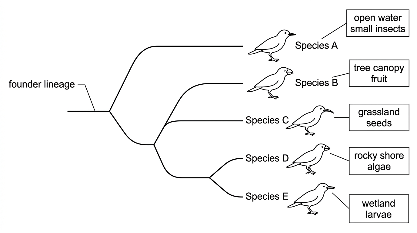 Branching diagram of a founder lineage radiating into several related species occupying distinct ecological niches, with labels for resources and habitats.