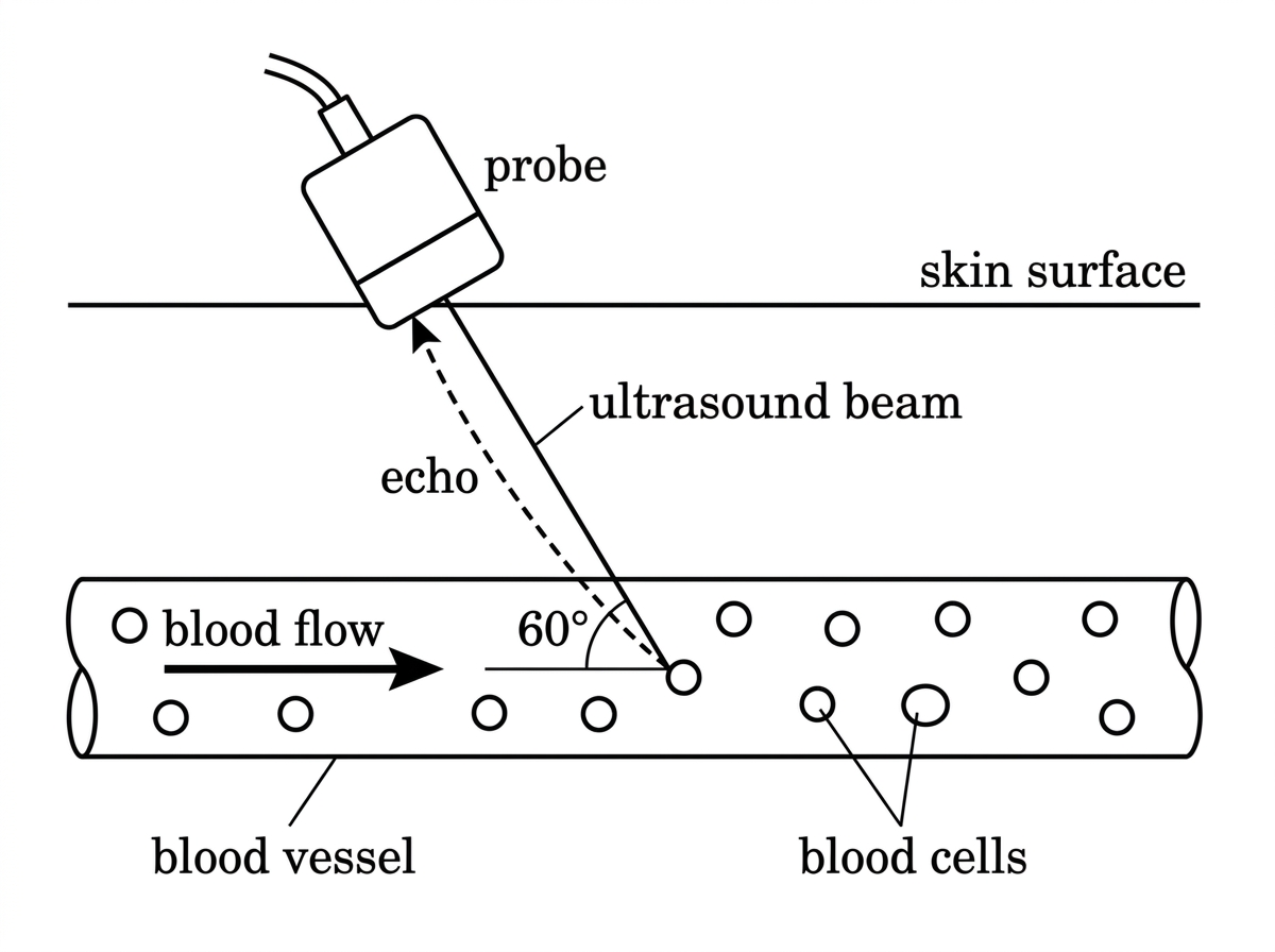 A medical ultrasound diagram showing a probe at the skin surface sending a beam into a blood vessel. The blood flow direction is shown by an arrow along the vessel. The angle between the ultrasound beam and the blood-flow direction is labelled. Echoes return from moving blood cells to the probe.
