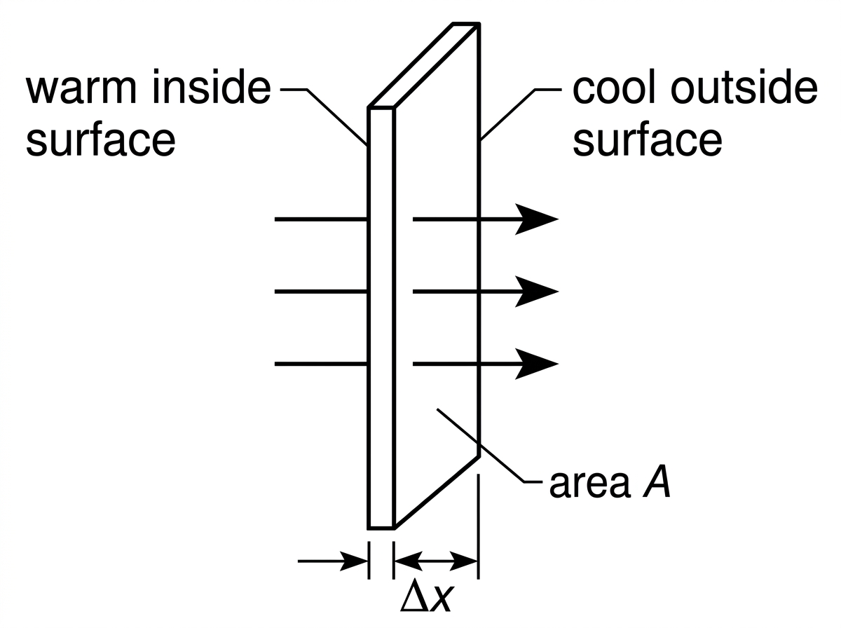 A flat glass window slab with labelled area A, thickness Δx, warm inside surface and cool outside surface; arrows show energy flow perpendicular to the glass.