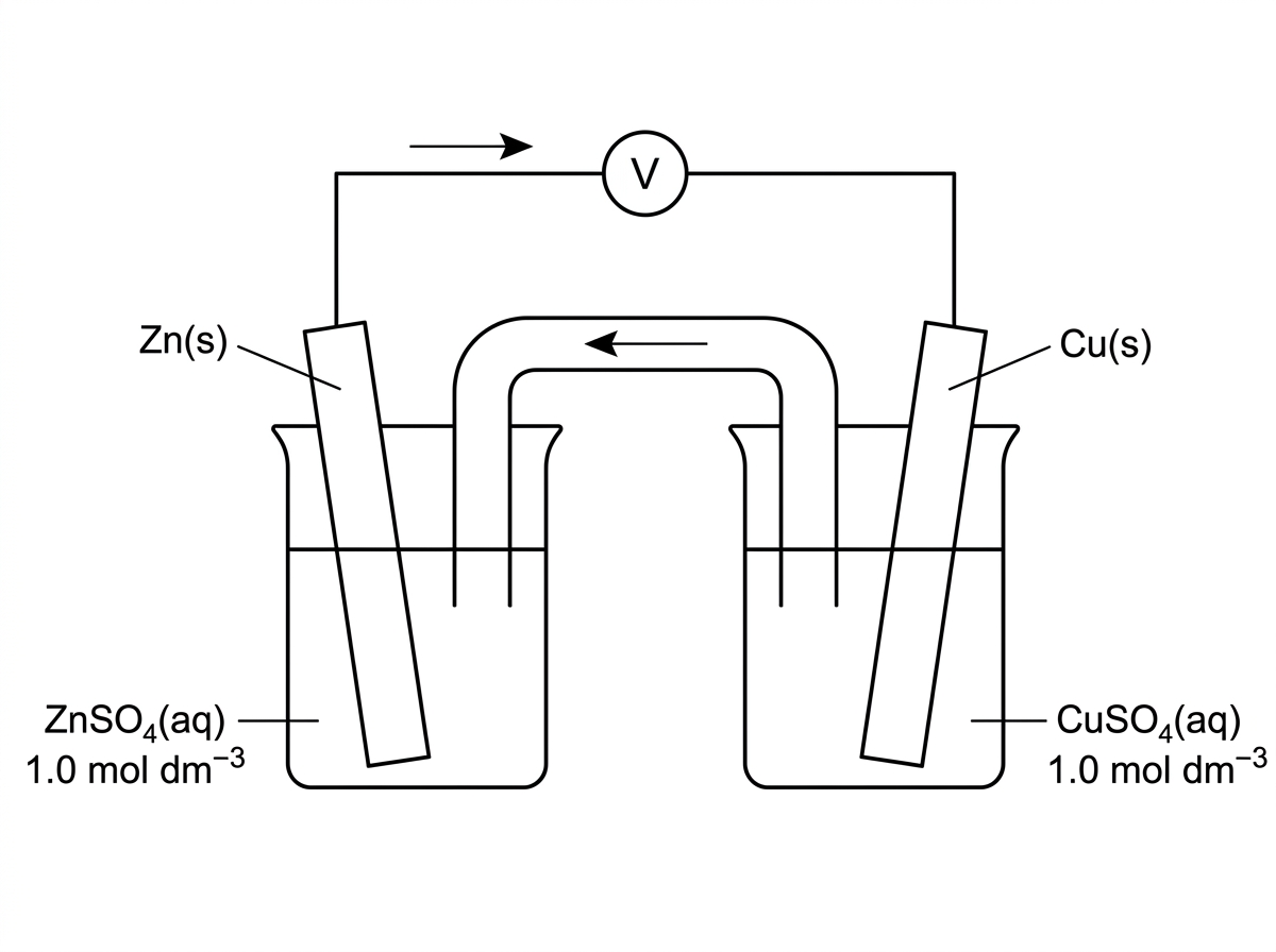An annotated diagram of a zinc-copper voltaic cell. It shows a zinc electrode in $Zn^{2+}(aq)$ solution connected by a wire and voltmeter to a copper electrode in $Cu^{2+}(aq)$ solution. A salt bridge joins the two solutions. The diagram does not label the anode, cathode, or any arrow directions.
