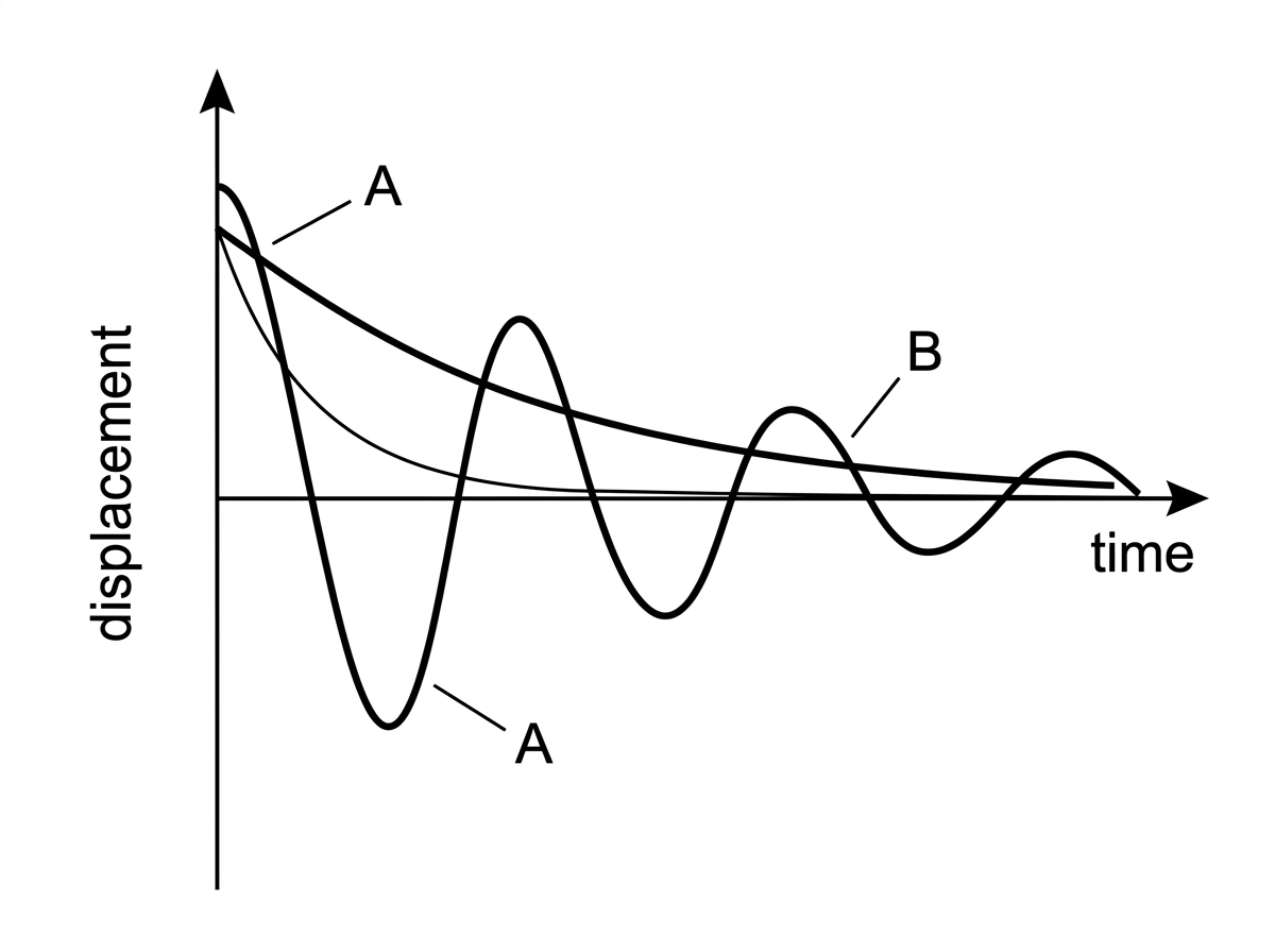 Two displacement-time curves labelled A and B. A shows oscillations with a decreasing envelope; B shows a non-oscillatory return to equilibrium slower than a separate implied critical curve, without providing labels that identify damping types.