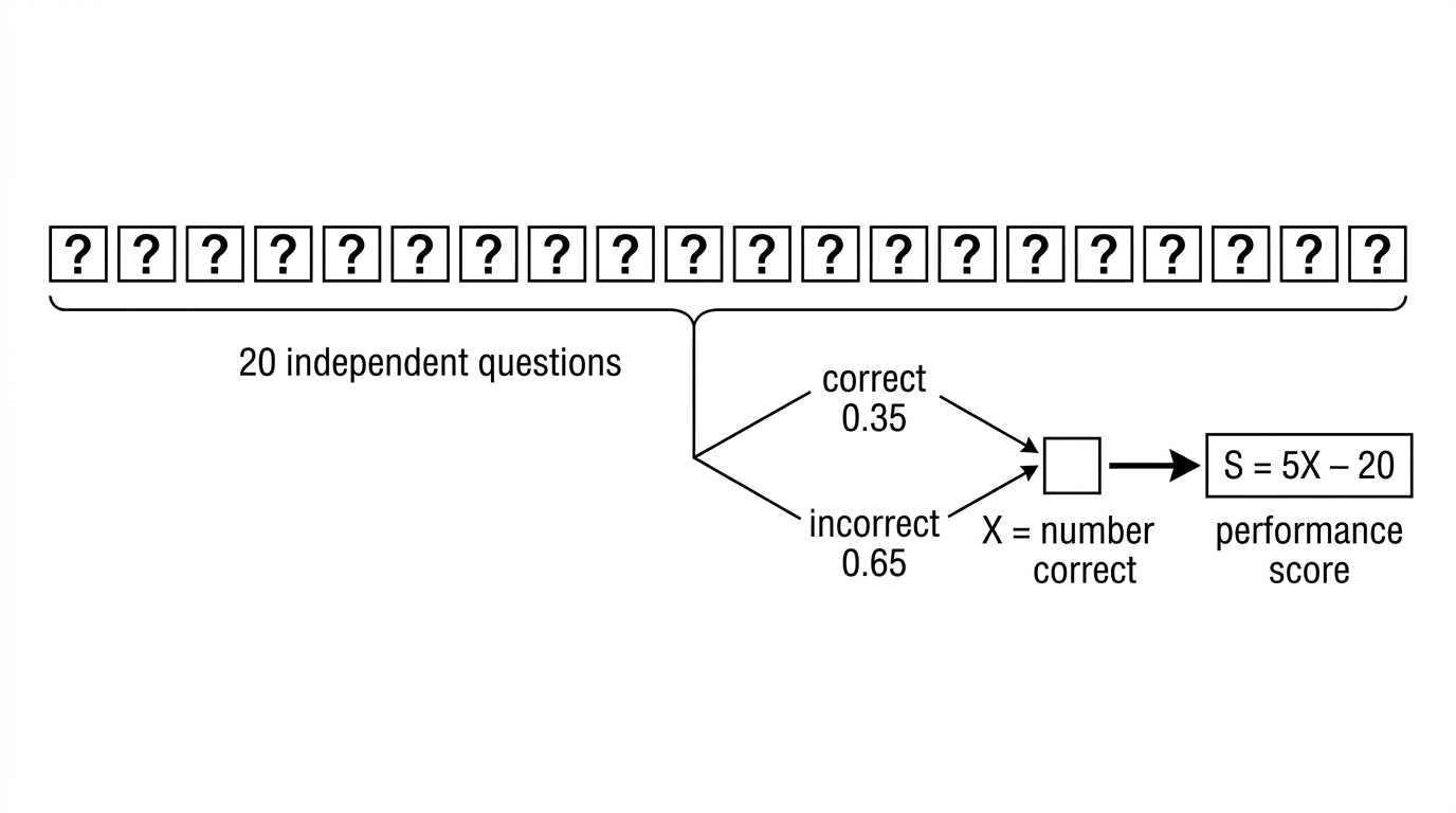 A sequence of twenty identical question icons, each branching into correct and incorrect outcomes, followed by a score conversion labelled $S=5X-20$.