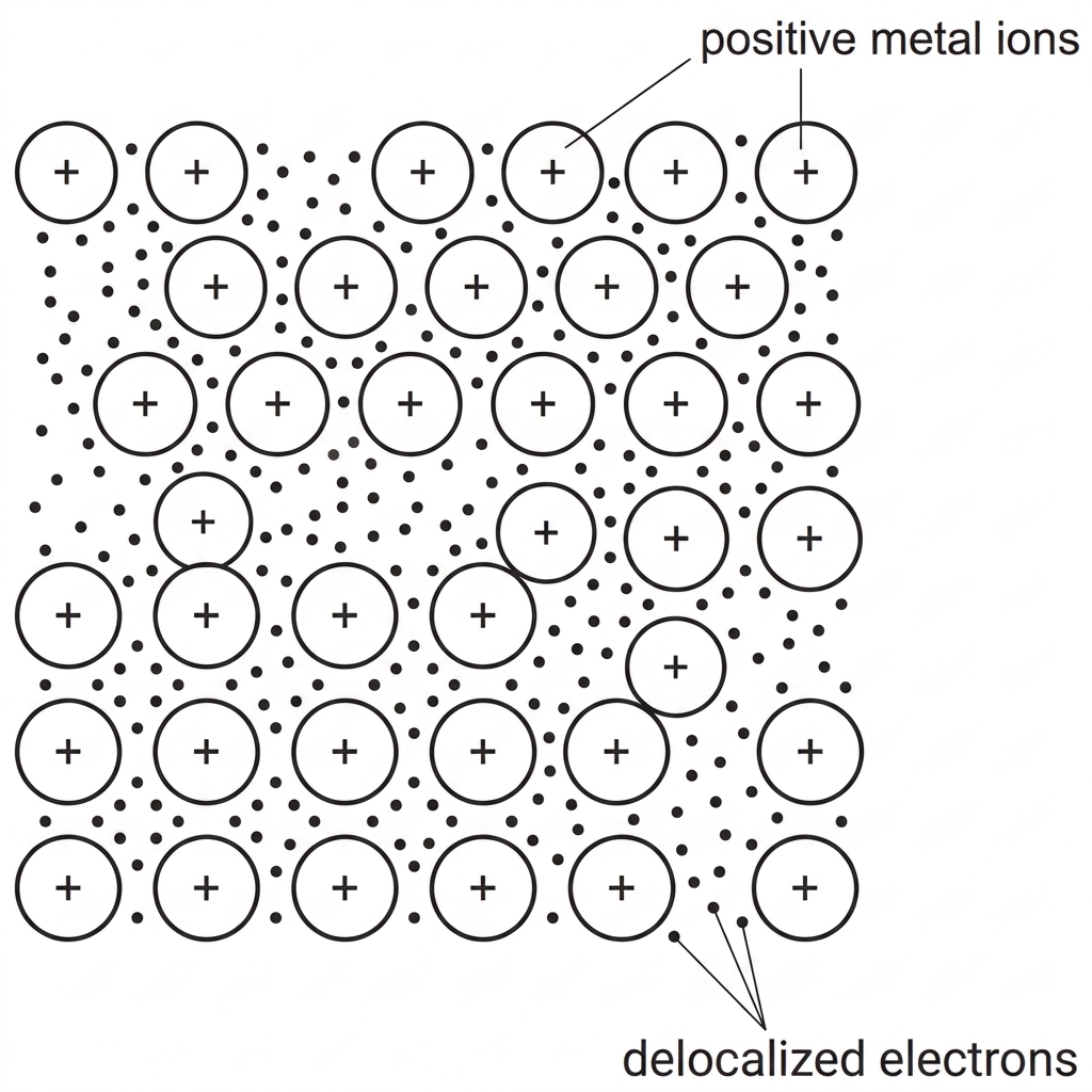 A particle-level diagram of a metallic lattice showing regularly arranged positive metal ions surrounded by delocalized electrons, without any labels identifying the cause of electrical conductivity.