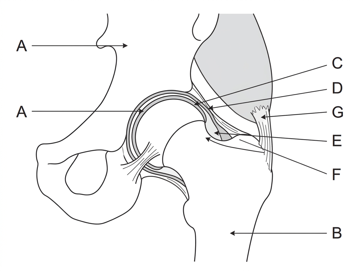 A clear anatomical diagram of the hip joint showing the rounded head of the femur fitting into the socket of the pelvis. The diagram should also show cartilage on the bone surfaces, a joint capsule containing synovial fluid, a ligament connecting bone to bone, and a tendon connecting a muscle to bone. Labels should use neutral letters for two bones and two connective tissues rather than giving their names.