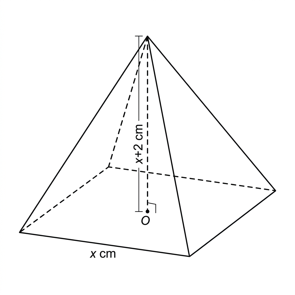 A right square-based pyramid with the base side labelled x, apex vertically above the centre, and perpendicular height labelled x plus two.