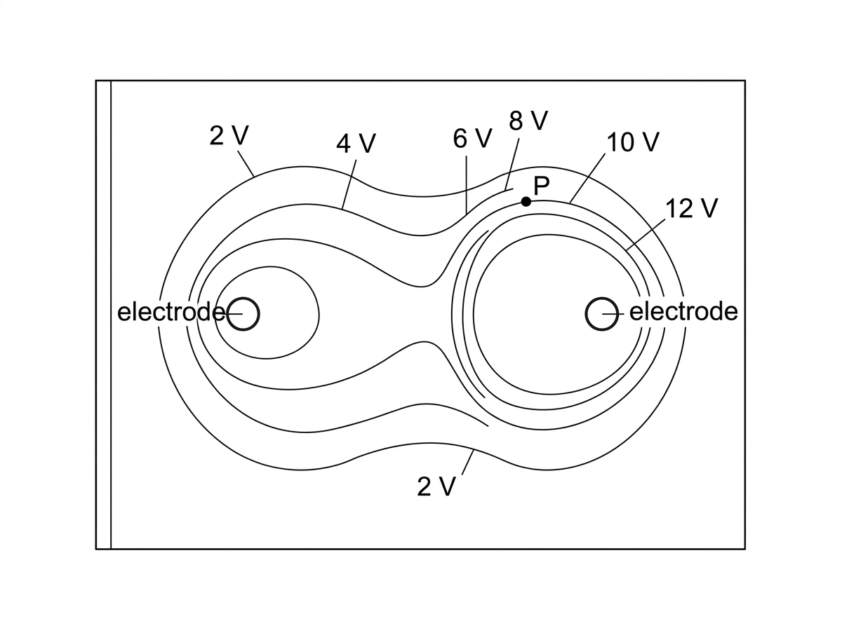 Map of several labelled equipotential lines on conducting paper around two electrodes, with a point P on one equipotential and a region where neighbouring equipotentials are closest.