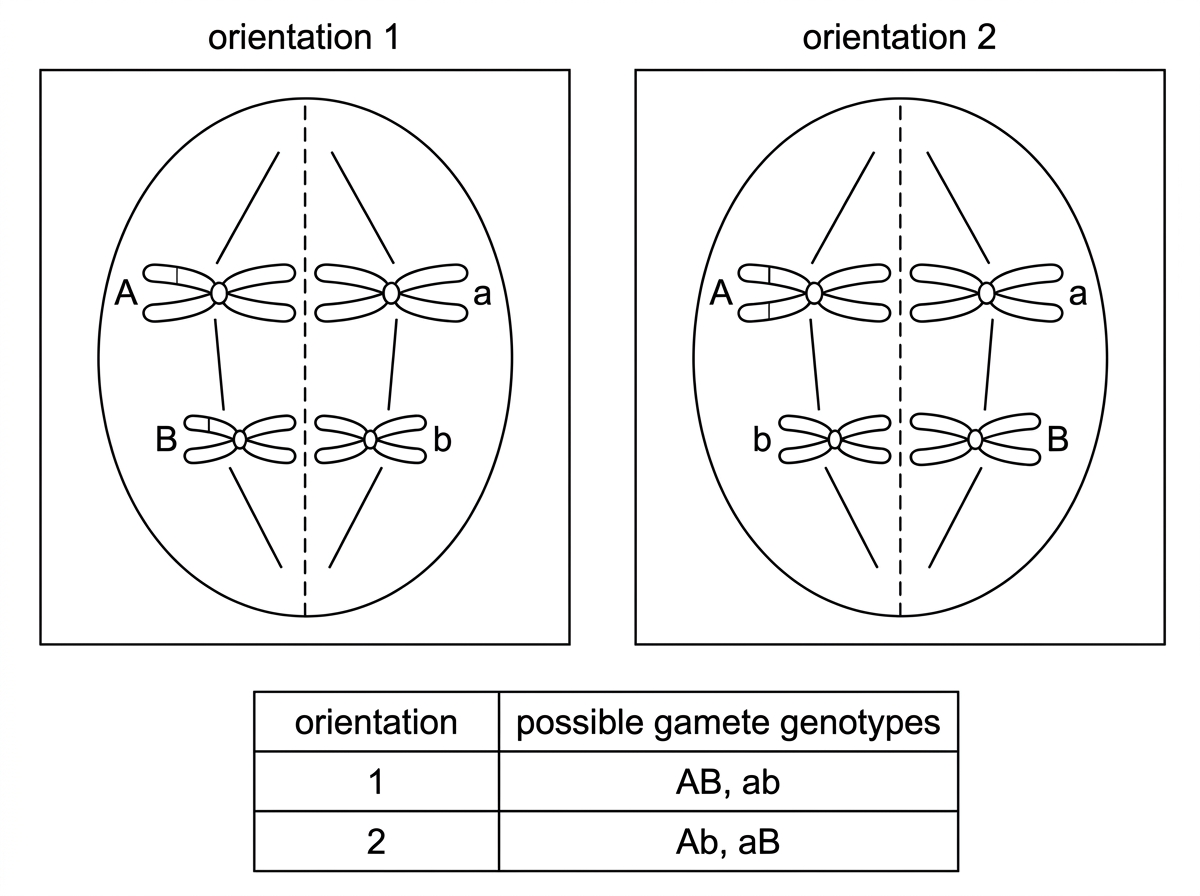 Diagram of two homologous chromosome pairs labelled with A/a and B/b at metaphase I, showing two alternative orientations at the equator and a small table linking orientations to possible gamete combinations.