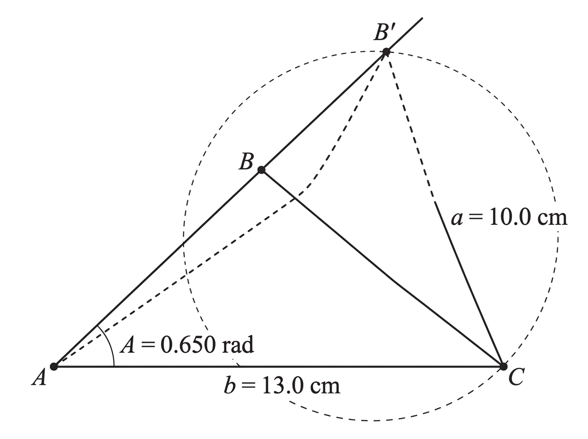 A non-right triangle labelled $A$, $B$, $C$, with side $a$ opposite angle $A$ and side $b$ opposite angle $B$. The diagram should indicate that two different positions of vertex $B$ may be possible for the same given data.