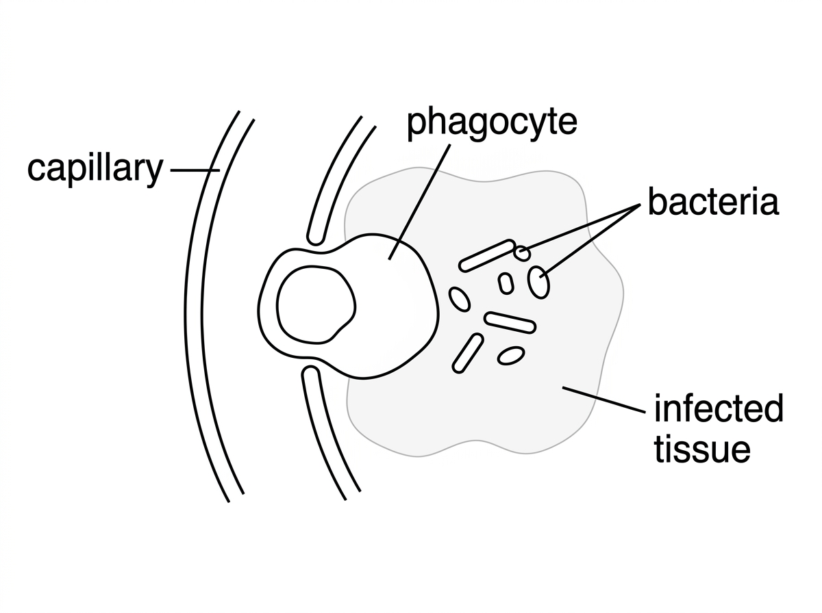 Simple flow diagram of a phagocyte leaving a capillary and approaching bacteria in tissue; labels should include capillary, infected tissue, phagocyte and bacteria, without showing the sequence labels that are expected in the answer.