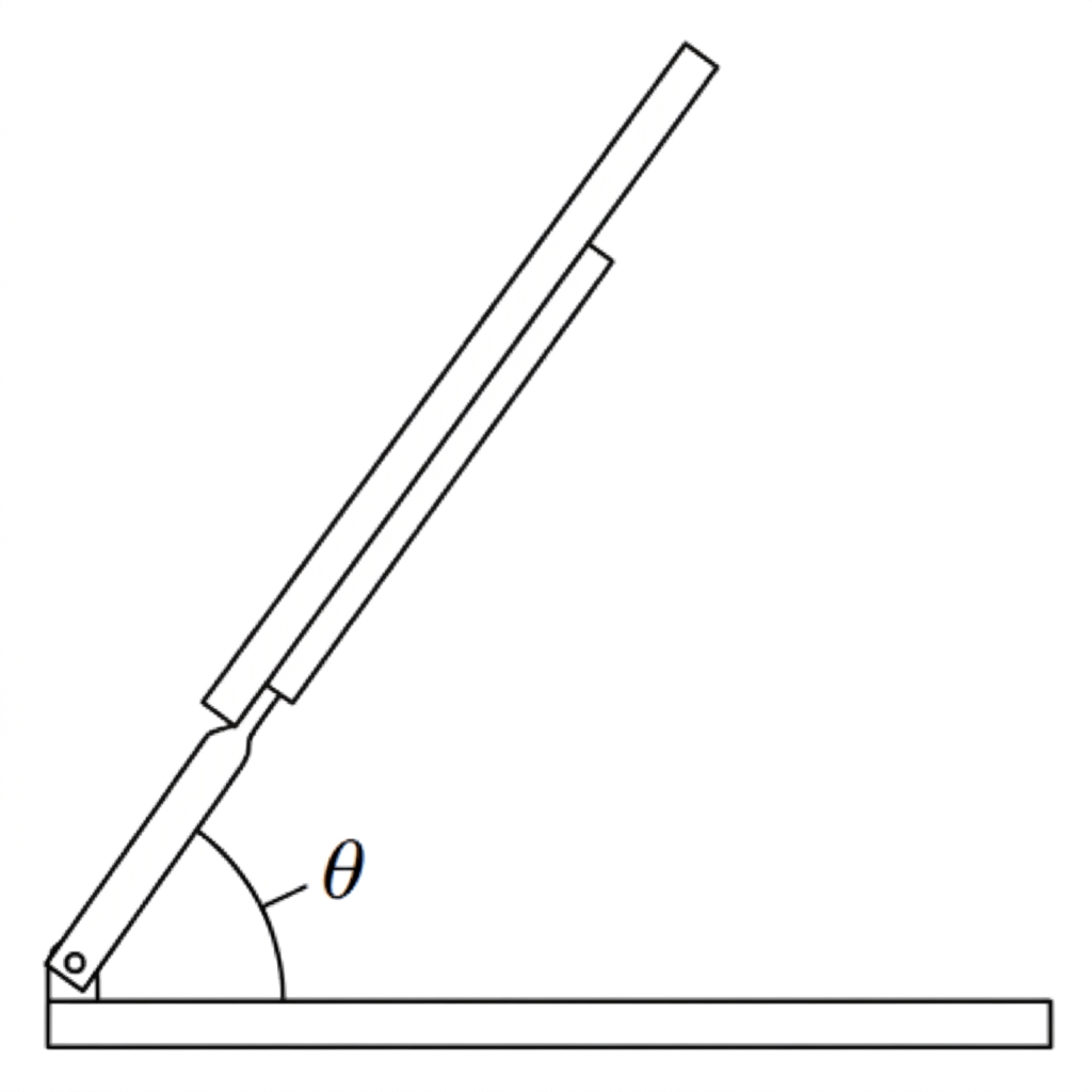 Side-view diagram of a tilting solar panel showing the angle theta between the panel and a horizontal support.