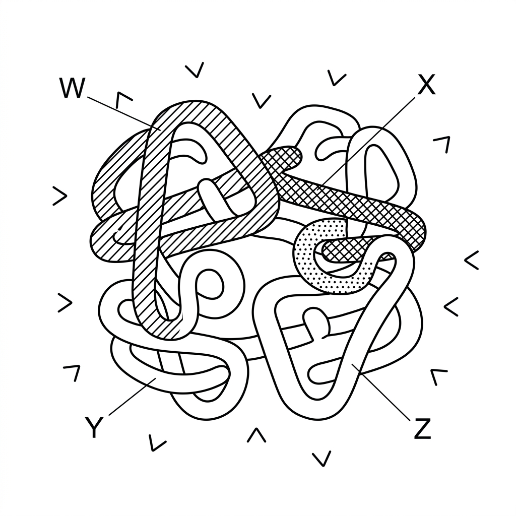 A simplified ribbon-like diagram of a folded soluble protein in water. Four regions of the chain are highlighted using different shading patterns and labelled only as region W, X, Y and Z. The surrounding aqueous environment is indicated. The diagram does not identify which regions are hydrophobic, polar, acidic or basic.