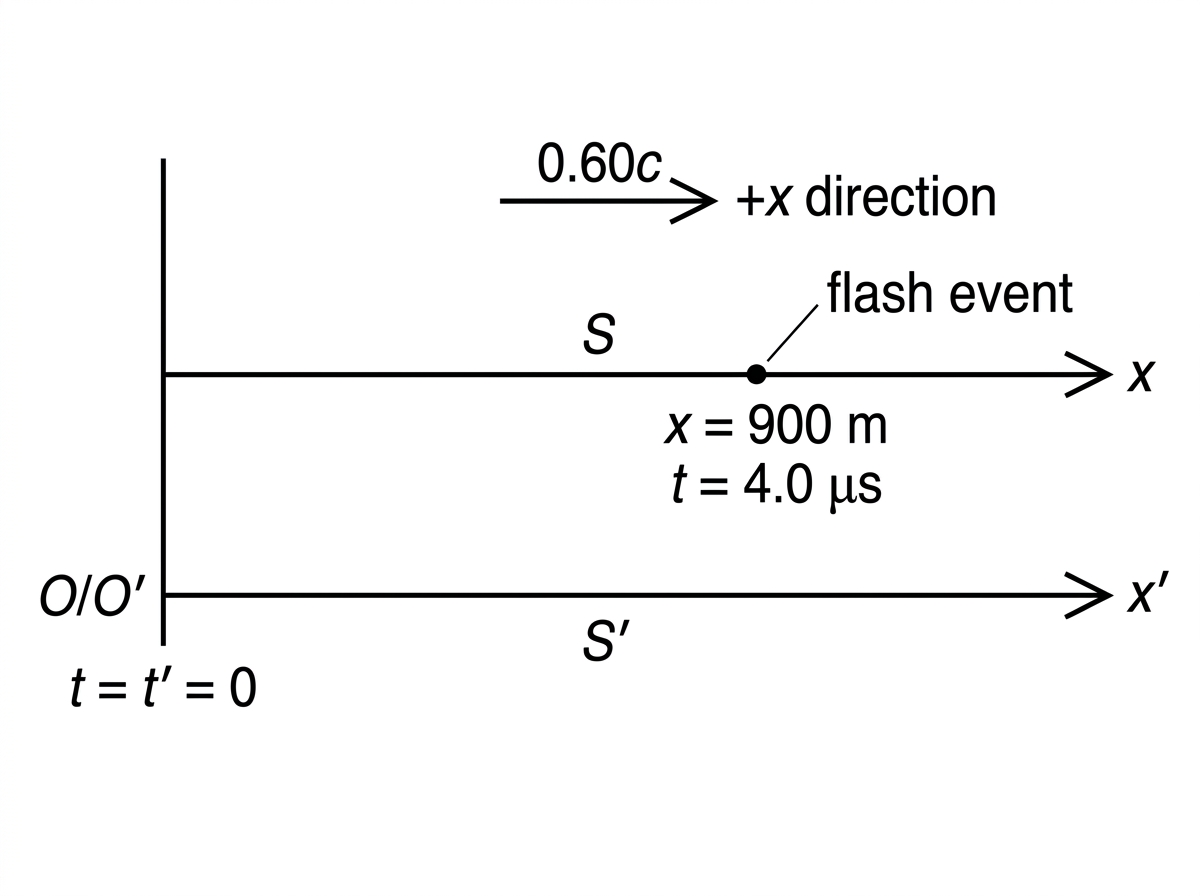 A one-dimensional relativity diagram showing a laboratory frame S with a horizontal x-axis and a pod frame S' moving to the right at 0.60c. The origins are indicated as coincident at zero time. A single flash event is marked to the right of the origin in the laboratory frame. The figure must label S, S', x, x', the direction of motion, and the flash event, without showing transformed coordinates.