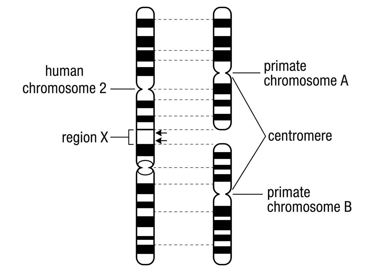 Annotated chromosome comparison showing human chromosome 2 aligned with two separate primate chromosomes; banding patterns, centromere positions and a possible internal fusion region should be indicated without giving evaluative labels.