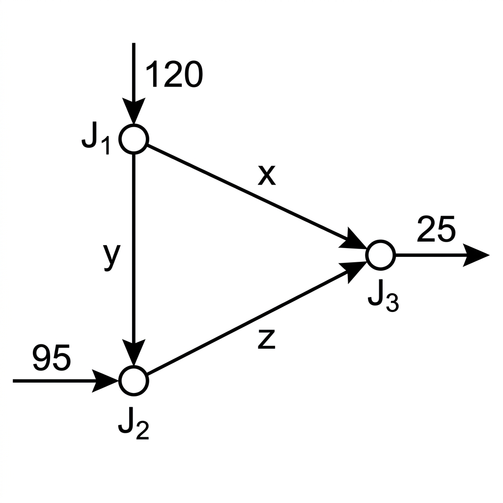 A simple directed network diagram with three labelled internal pipe flows $x$, $y$ and $z$ and three junction labels. The arrows must be oriented so that at J1, $x$ and $y$ enter and 120 exits; at J2, $y$ and $z$ enter and 95 exits; and at J3, $x$ enters while $z$ and 25 exit. The diagram should communicate that the three listed conservation equations arise from balancing inflows and outflows at junctions, without showing any solution values.