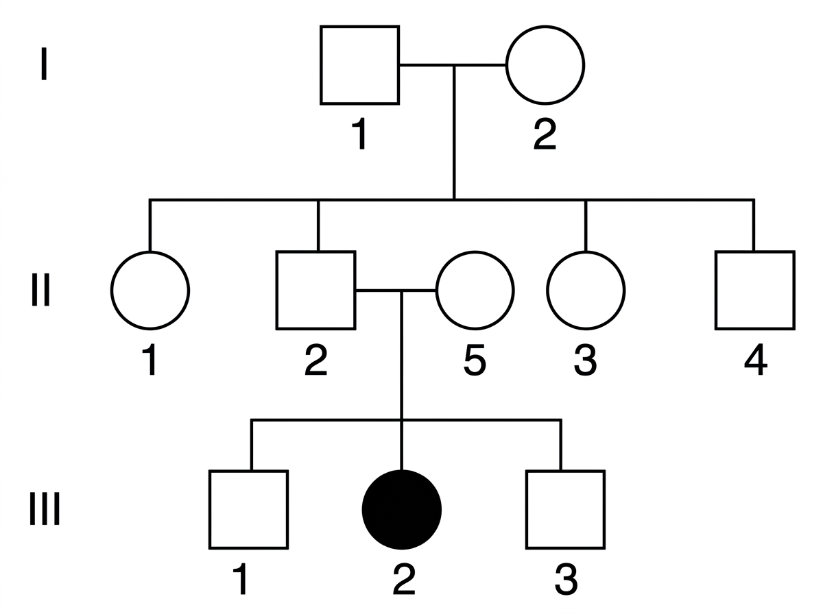 Pedigree chart over three generations using standard symbols, with unaffected parents producing an affected child and both sexes represented; individuals labelled by generation Roman numerals and Arabic numbers.