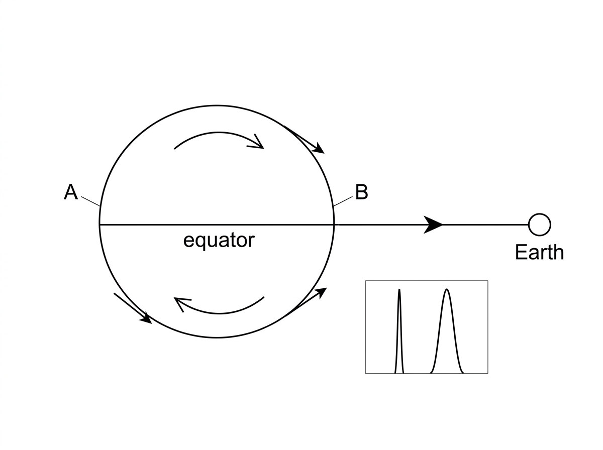 A circular disk representing a star viewed from Earth. The left limb is labelled A and the right limb is labelled B. Curved arrows on the disk show rotation so that limb A moves towards the observer and limb B moves away from the observer. A line of sight from the star to Earth is shown. A small inset shows one spectral line broadened compared with a narrow laboratory line, without numerical scales.