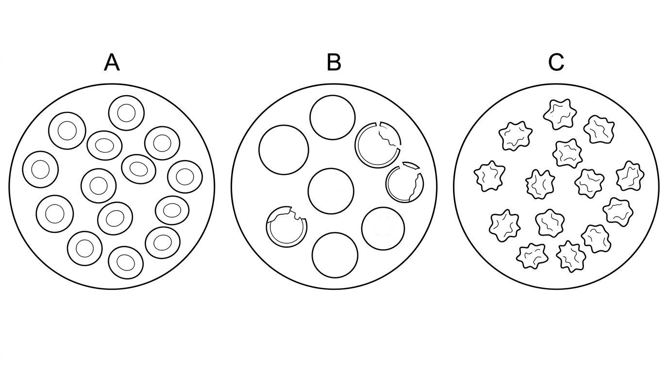 Three labelled micrographs or drawings of red blood cells: one with normal biconcave cells, one with swollen/lysed cells, and one with shrunken wrinkled cells; labels A, B and C but no tonicity labels.
