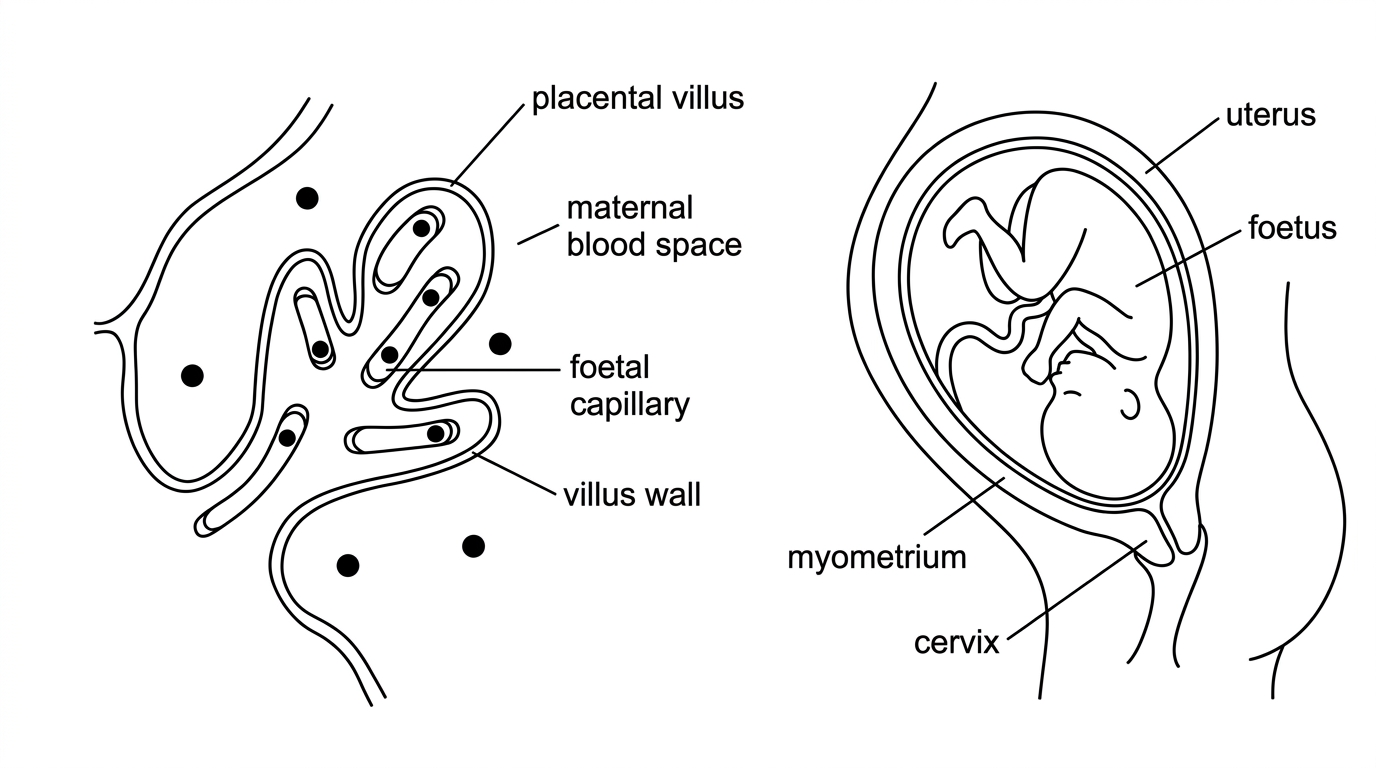 Diagram combining a placental villus with maternal blood spaces and foetal capillaries, plus a simplified uterus/cervix showing foetus, myometrium and cervix for childbirth.