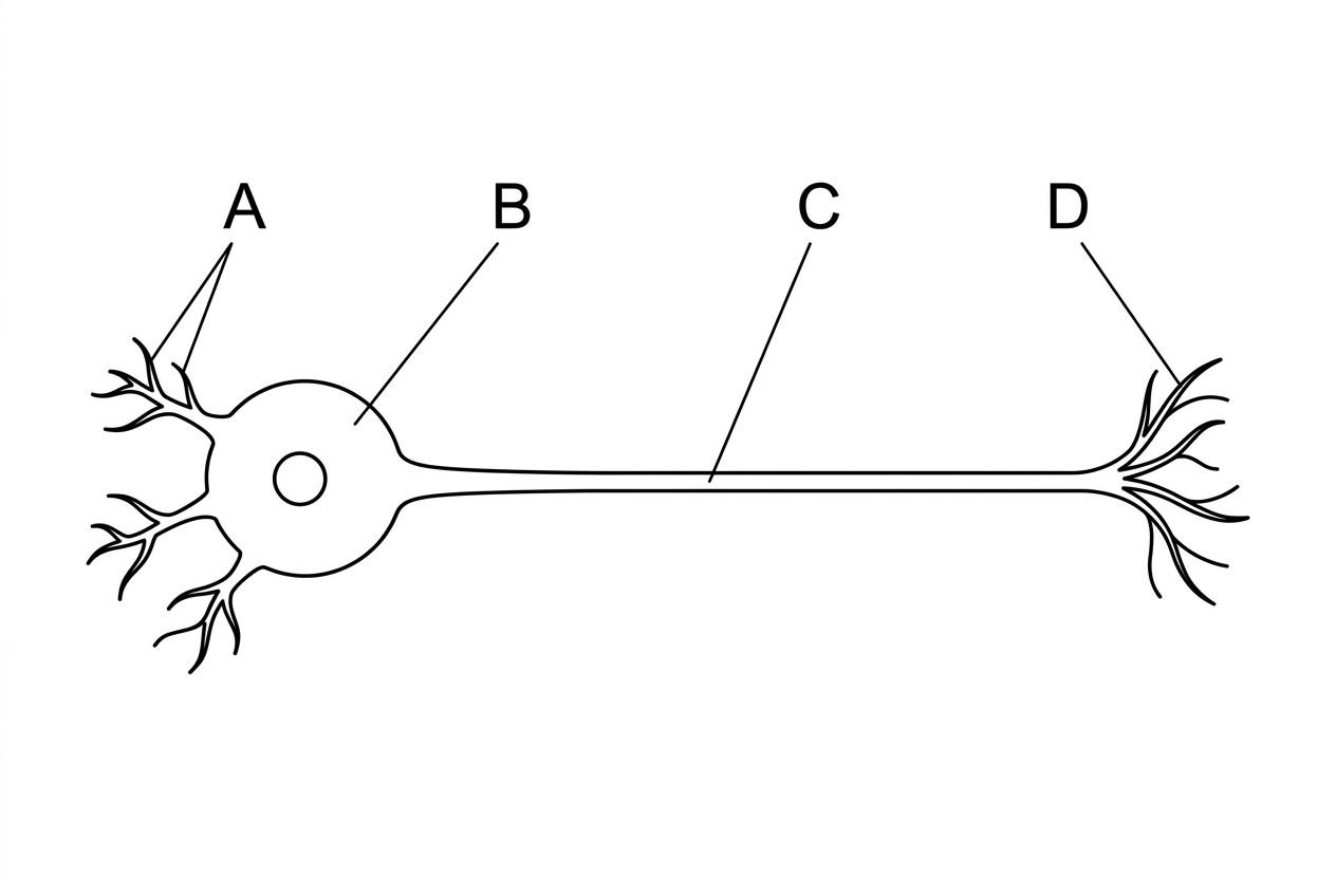 An IB-style labelled diagram of a motor neuron. It must show a cell body containing a nucleus, several short branched fibres projecting from the cell body, one long single fibre extending away from the cell body, and terminal branches at the far end. Four labels, A to D, point to different regions without naming them.