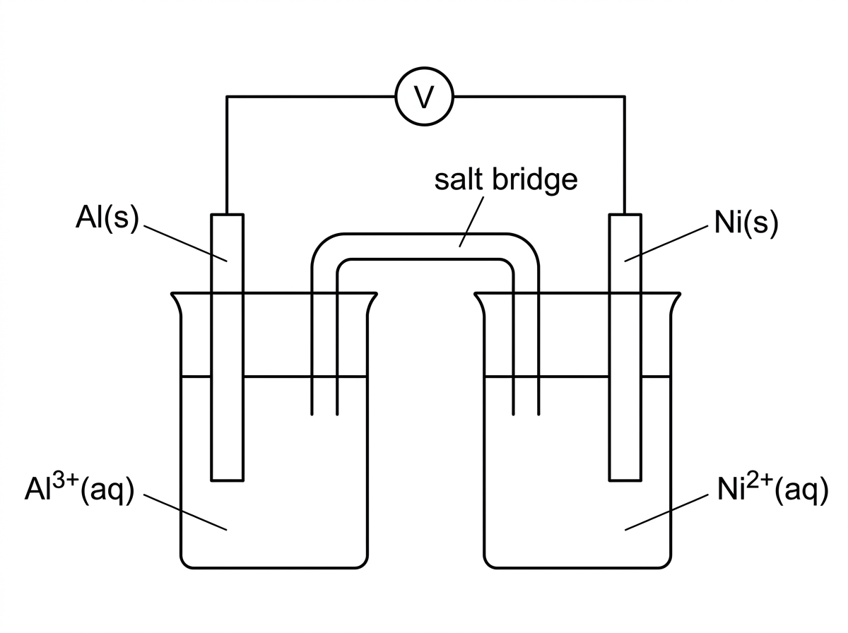 Voltaic cell diagram with Al(s) in Al3+(aq) and Ni(s) in Ni2+(aq), connected by a wire and voltmeter plus a salt bridge; no arrows for electron or ion movement.