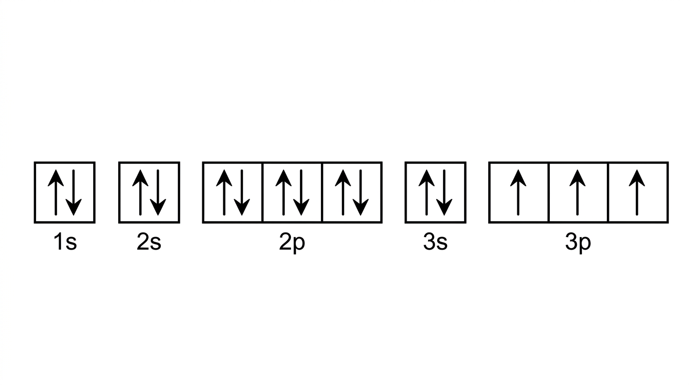 Arrow-in-box orbital diagram with labelled sublevels 1s, 2s, 2p, 3s and 3p; boxes filled to represent a period-3 p-block atom with partly filled 3p orbitals following Hund’s rule.
