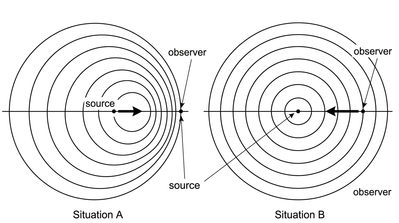 Two side-by-side wavefront diagrams. Situation A shows a moving source with circular wavefronts compressed in front of the source and spread behind it, with a stationary observer in front. Situation B shows a stationary source with evenly spaced circular wavefronts and a moving observer heading toward the source. Direction arrows and labels source and observer are included.