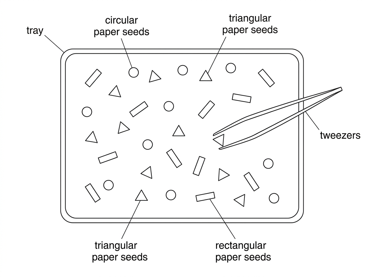 Diagram of a tray containing artificial paper seeds of three visibly different shapes and a pair of tweezers representing predation; labels for seed shapes, tray and predator tool.