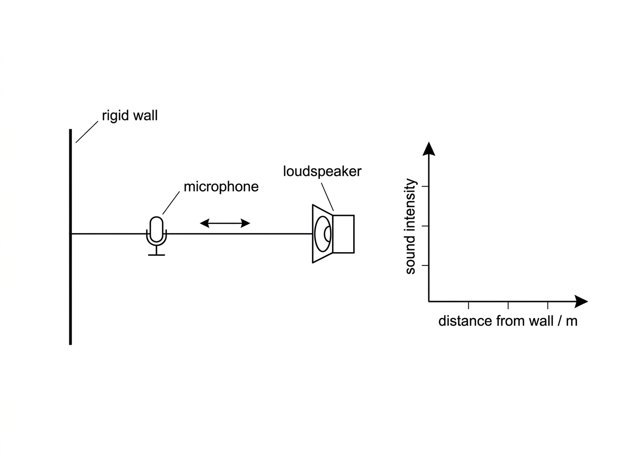 A loudspeaker facing a rigid wall with a microphone on a track between them. The microphone can move along the line from the wall to the speaker. A blank graph area is included with axes labelled sound intensity and distance from wall, but no plotted curve.