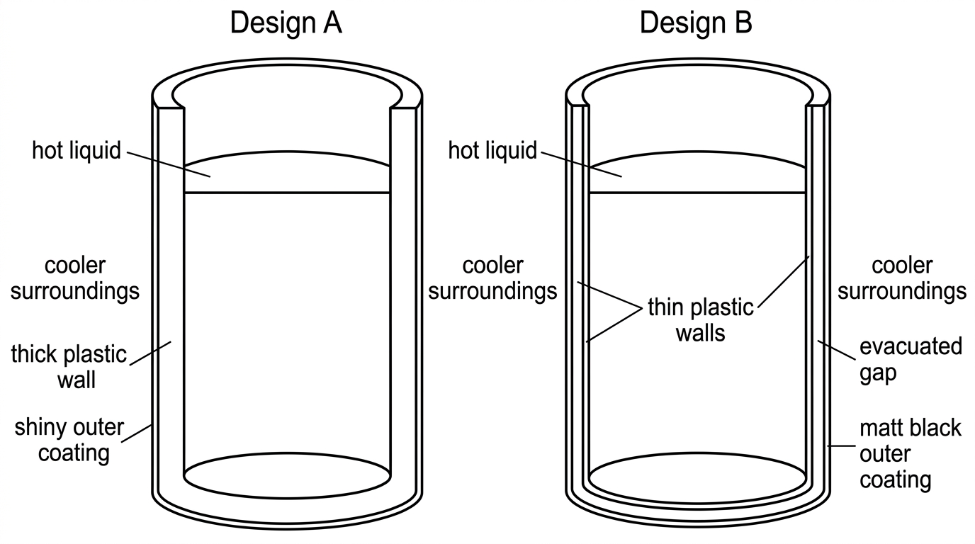 Cross-sectional diagrams of two cylindrical insulated containers. Design A shows a thick single plastic wall with shiny outer surface. Design B shows a thin inner and outer wall separated by an evacuated gap and a matt black outer surface. Hot liquid and cooler surroundings are labelled.
