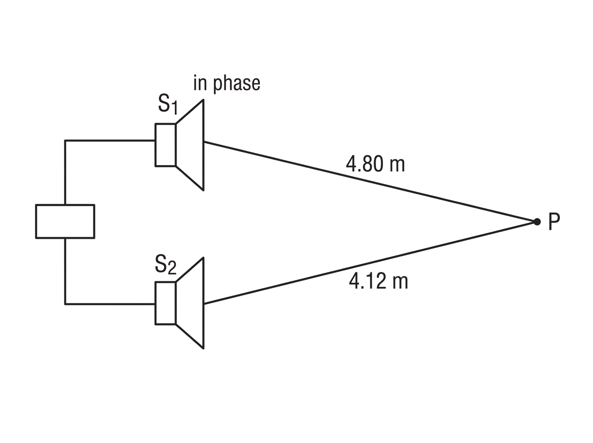 A plan-view diagram with two loudspeakers labelled S1 and S2 separated vertically on the left. A point P is on the right. Straight lines connect S1 to P and S2 to P, labelled with the path lengths from each speaker. The speakers are stated to be in phase. The path from S1 to P is longer than the path from S2 to P.
