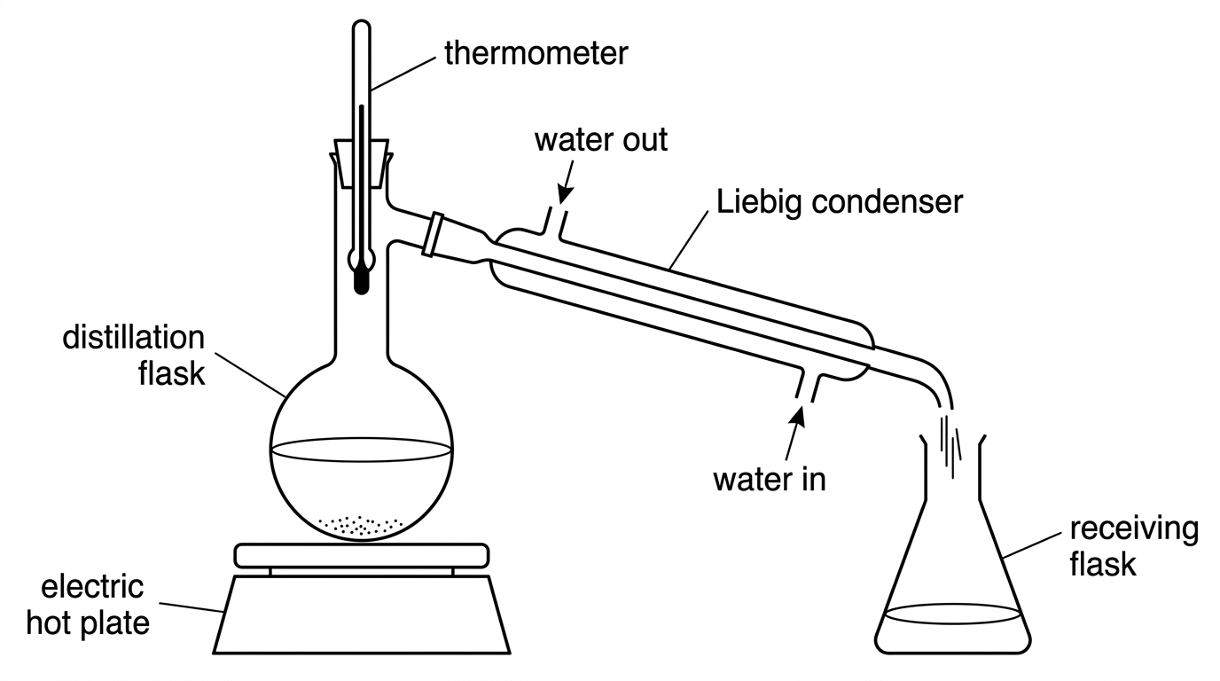 A simple distillation apparatus with a round-bottom flask heated by a hot plate, a thermometer at the still head, a Liebig condenser sloping downward to a receiving flask, and water inlet and outlet positions shown but not labelled as correct or incorrect. The dissolved salt remains in the heated flask and the distillate collects in the receiving flask.