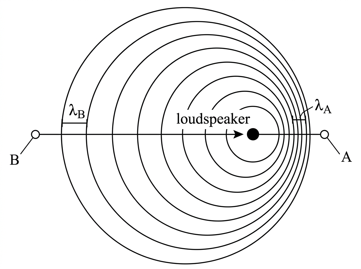 Wavefront diagram for a point sound source moving horizontally through still air. Circular wavefronts are closer together in front of the moving source and further apart behind it. The source, direction of motion, observer A in front of the source, observer B behind the source, and a short scale line for comparing neighbouring wavefront spacings are labelled.