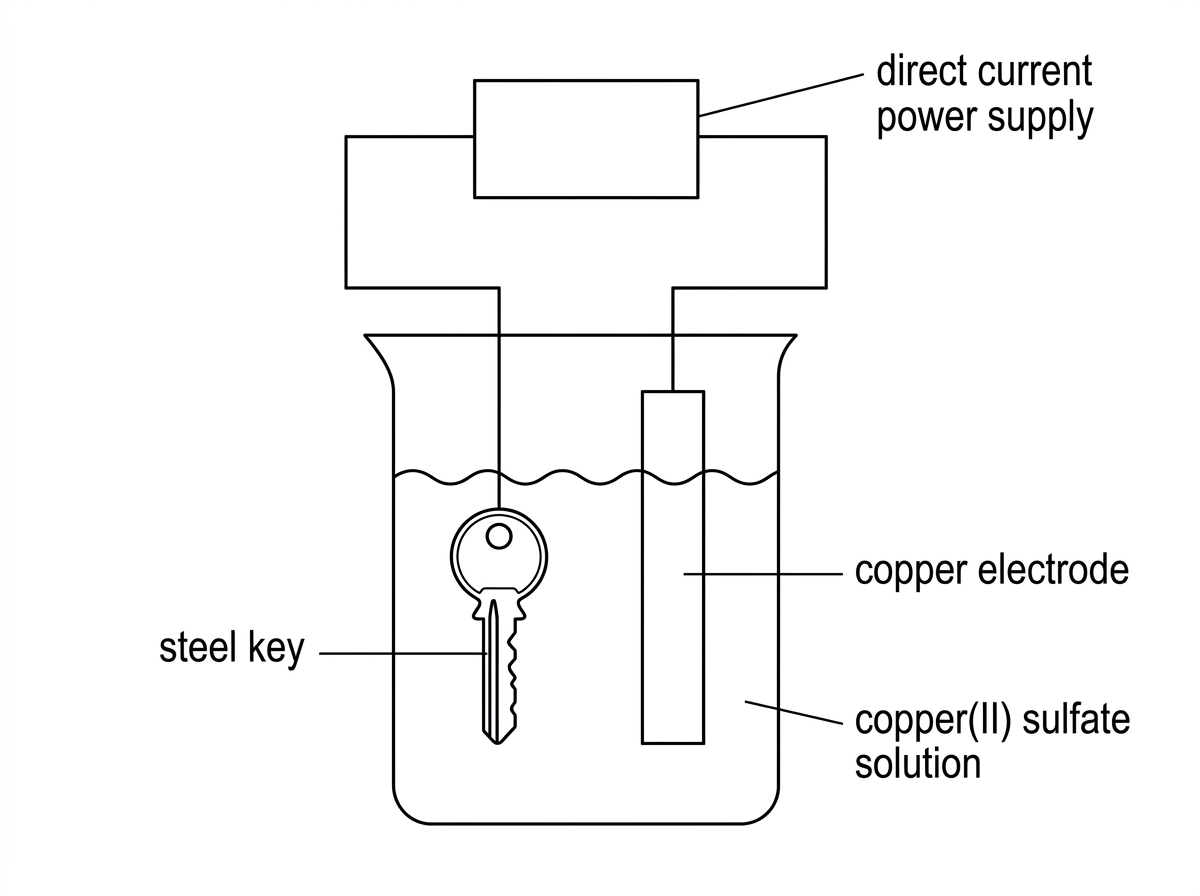 An electroplating apparatus with a steel key and a copper electrode immersed in copper(II) sulfate solution and connected to a direct current power supply. The diagram labels the electrolyte and power supply but does not indicate which electrode is positive or negative.