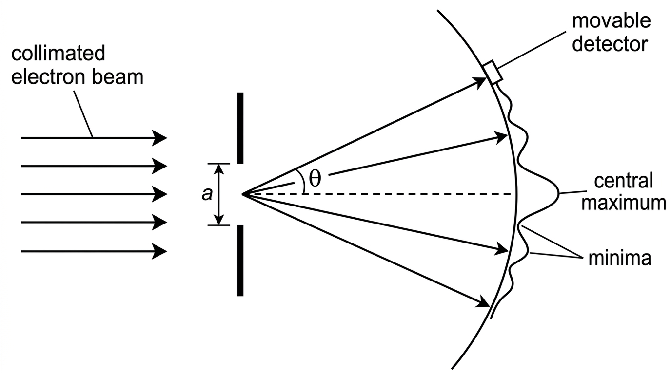 A collimated electron beam incident on a single slit of width a, with a movable detector at angle θ recording intensity; show central maximum and minima on a distant screen/detector arc.