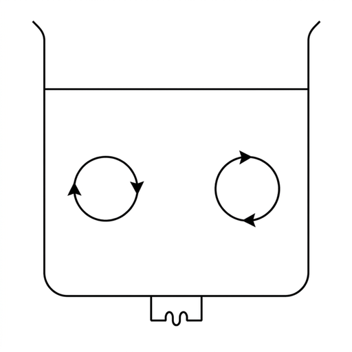 A simple cross-section of a beaker containing water with a small heater centred under the base. Draw two small circular loops, one on each side of the beaker, with arrows not clearly rising above the heater and not showing a continuous return flow along the base to the heater. Use the same line weight and arrow style as the other options.