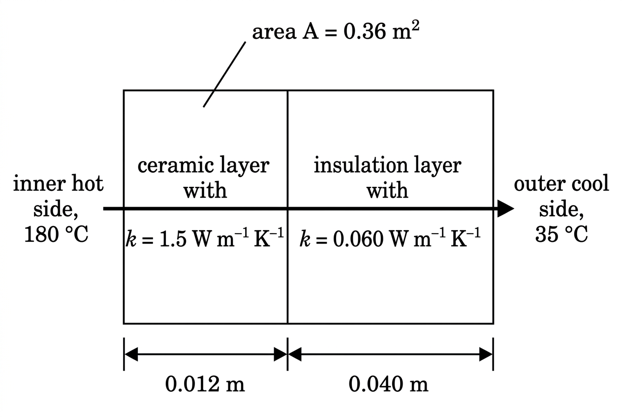 A cross-section through a two-layer oven door. The inner hot side, ceramic layer, insulation layer and outer cool side are labelled. Thickness arrows show the two layer thicknesses. A heat-flow arrow points normally through both layers from the oven interior to the room.