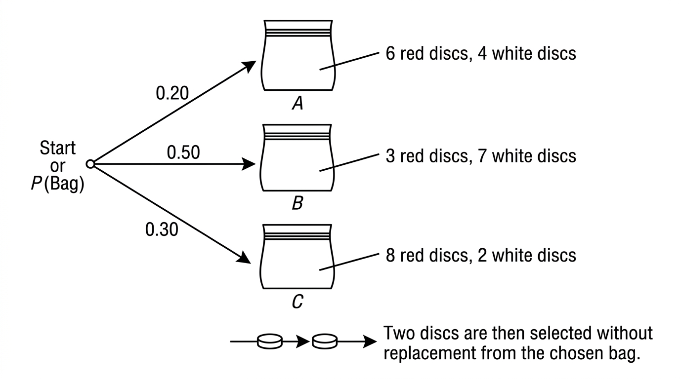A diagram showing three bags labelled $A$, $B$ and $C$, each with a stated mixture of red and white discs, followed by two draws without replacement.