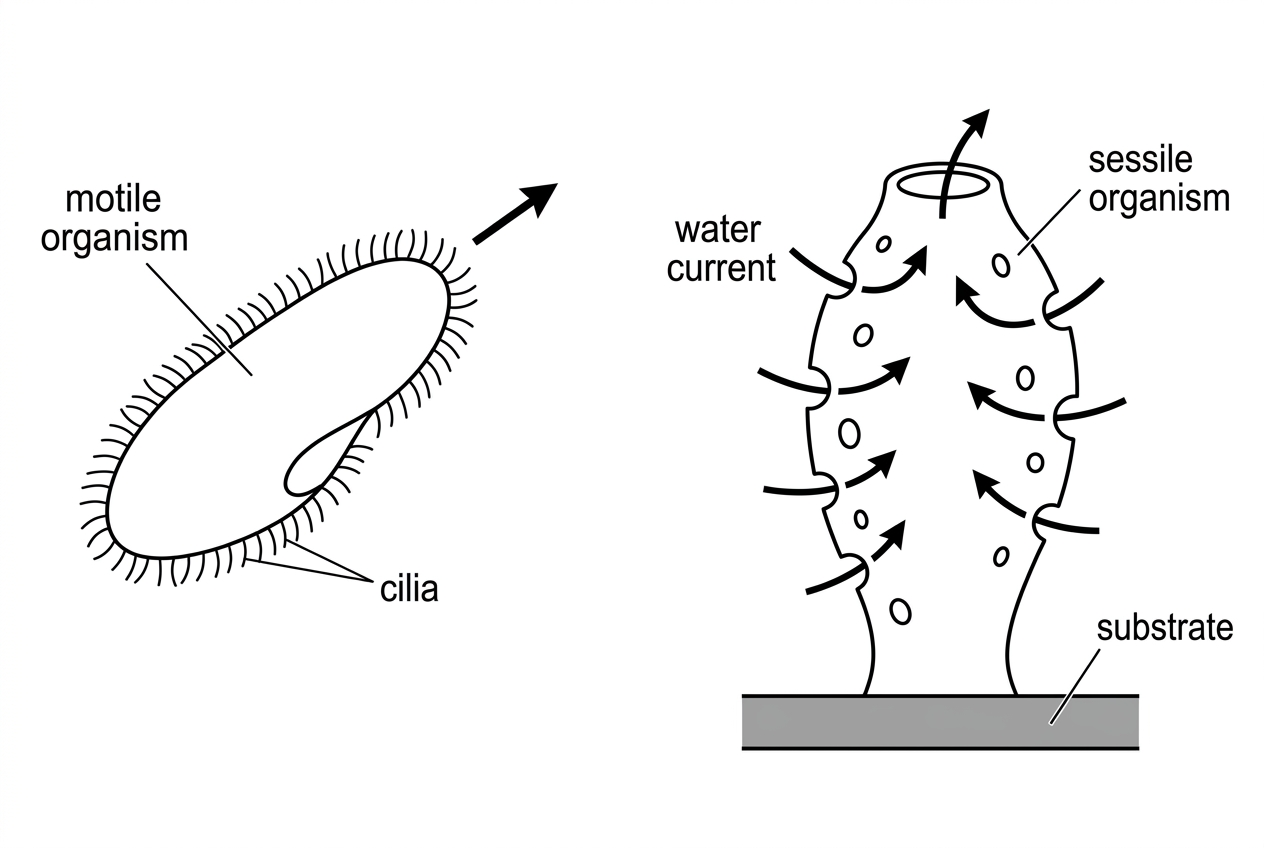A two-panel biological illustration. The left panel shows a ciliated unicellular organism swimming through water with cilia around the cell surface and arrows indicating whole-cell movement. The right panel shows an adult sponge fixed to a substrate, with arrows showing water entering pores and leaving through larger openings. Labels should include motile organism, sessile organism, cilia, water current and substrate.