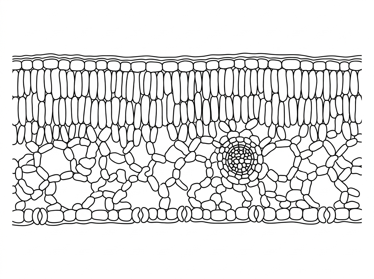 A low-power micrograph-style image of a dicotyledonous leaf transverse section. Show upper epidermis with cuticle, palisade mesophyll, spongy mesophyll with air spaces, vascular bundles, lower epidermis and stomata. Do not add labels to the image.