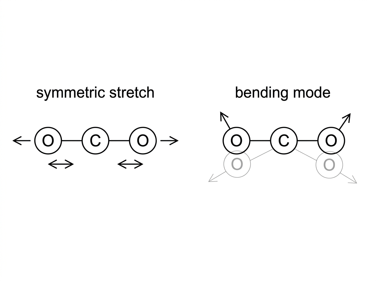 Simple schematic of a linear carbon dioxide molecule showing examples of symmetric stretch and bending vibration modes, with labels but no indication of infrared activity.