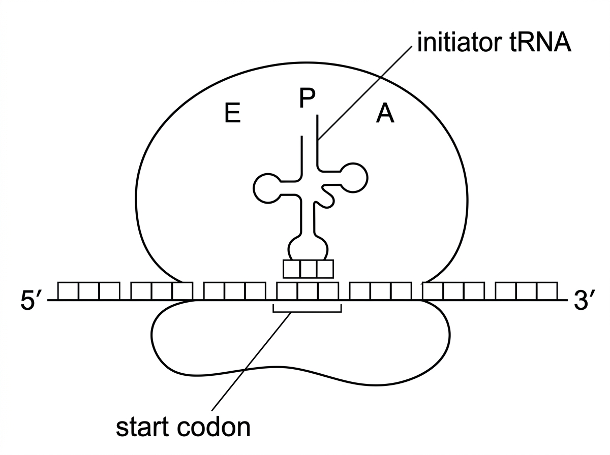 A ribosome on mRNA with the start codon positioned near an initiator tRNA and three labelled tRNA binding sites A, P and E on the large subunit. The diagram should show 5′ and 3′ ends of mRNA but not include answers about site roles in text.