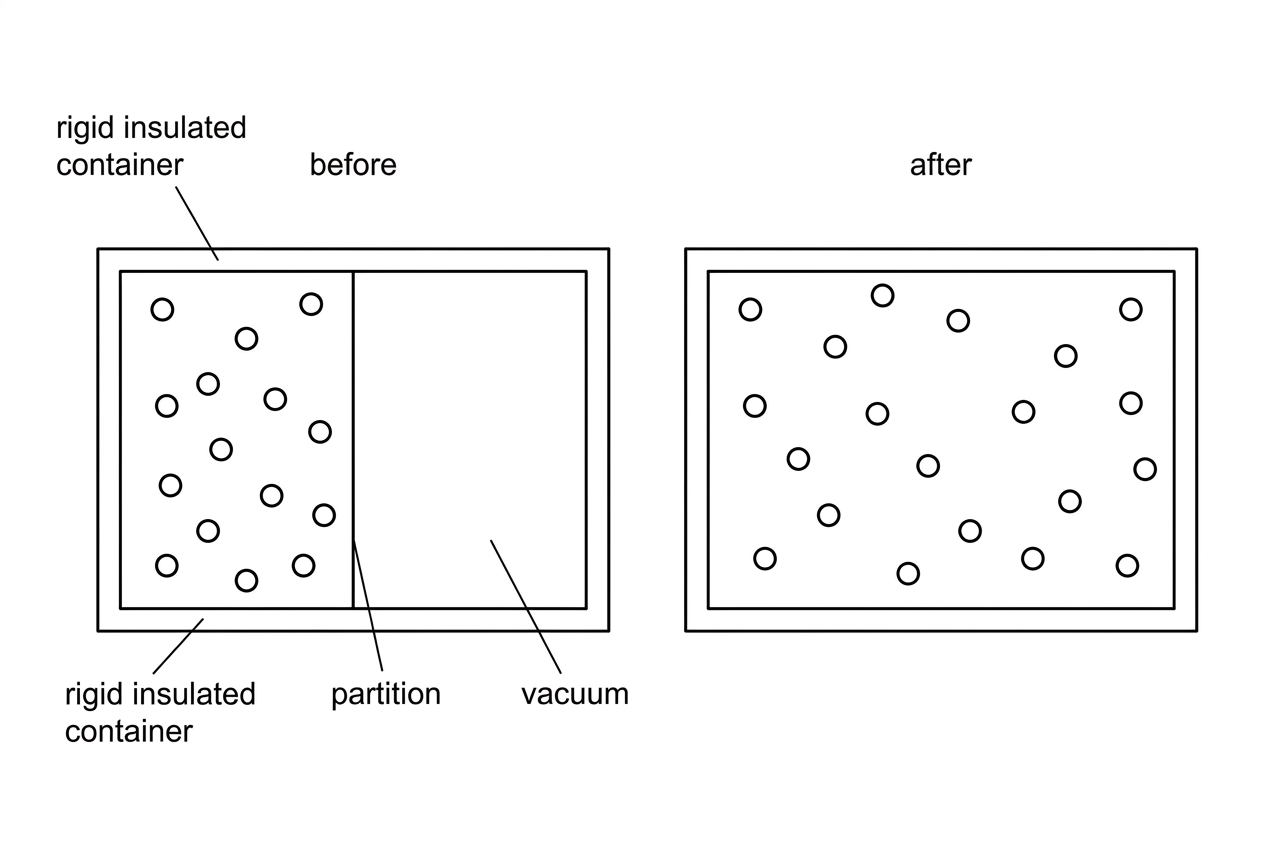 Two panels showing a rigid insulated rectangular container before and after removal of a central partition. Before: gas particles are shown only on the left side and the right side is labelled vacuum. After: the partition is absent and gas particles are spread through the whole container. The container is labelled insulated and rigid.
