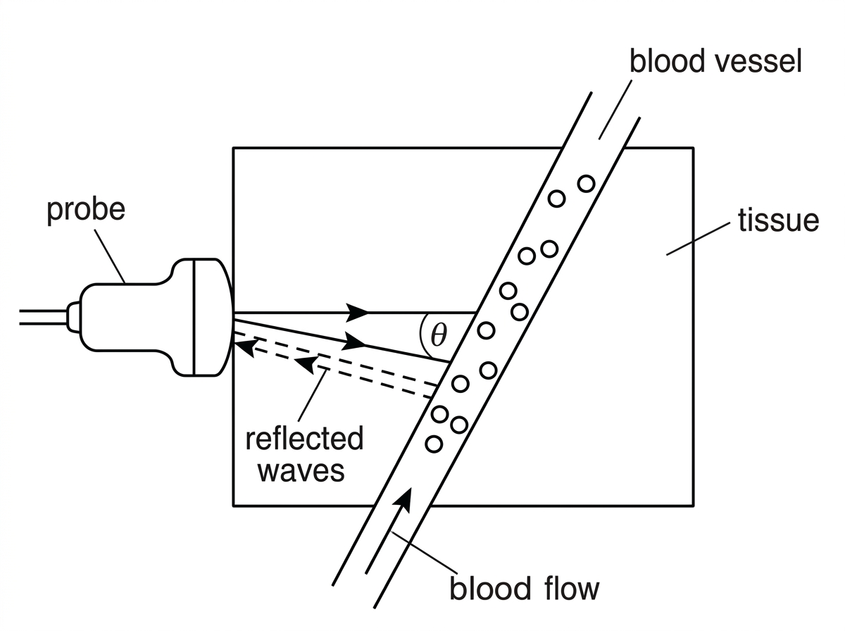 A simple medical ultrasound diagram. A probe sends a narrow ultrasound beam into tissue towards a blood vessel. The blood vessel is drawn at an angle to the beam, with an arrow showing the direction of blood flow. The angle between the beam and the flow direction is labelled theta. Reflected waves returning from blood cells to the probe are indicated. No numerical values are shown in the diagram.
