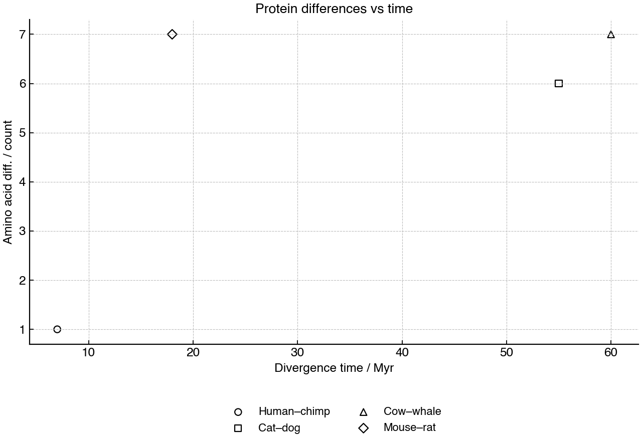 Scatter graph of fossil-estimated divergence time against amino acid differences for mammal pairs.